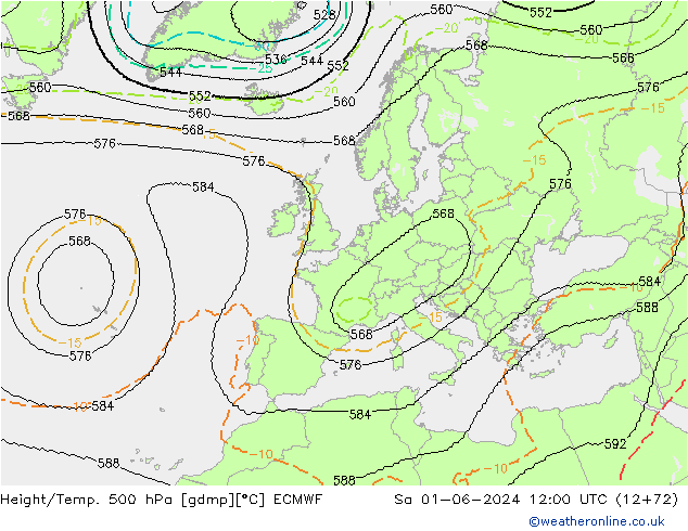 Height/Temp. 500 hPa ECMWF Sa 01.06.2024 12 UTC