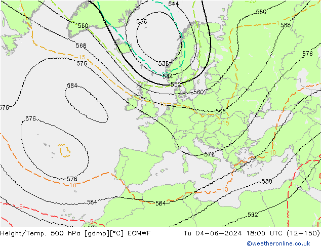 Height/Temp. 500 hPa ECMWF Tu 04.06.2024 18 UTC