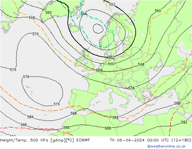 Height/Temp. 500 hPa ECMWF Qui 06.06.2024 00 UTC