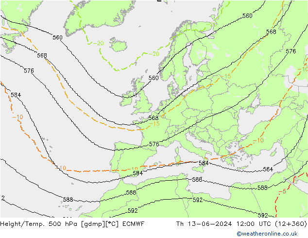 Height/Temp. 500 hPa ECMWF Th 13.06.2024 12 UTC