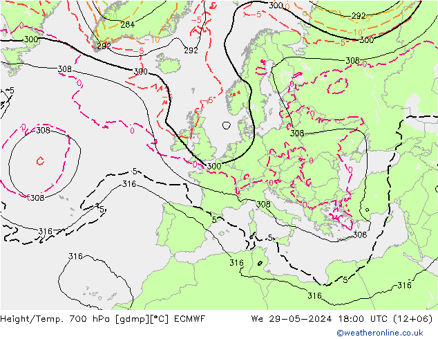 Hoogte/Temp. 700 hPa ECMWF wo 29.05.2024 18 UTC