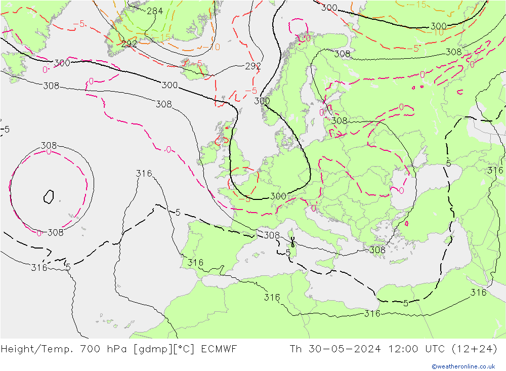 Height/Temp. 700 гПа ECMWF чт 30.05.2024 12 UTC