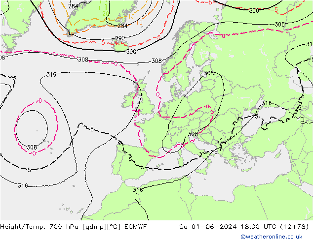 Height/Temp. 700 hPa ECMWF so. 01.06.2024 18 UTC