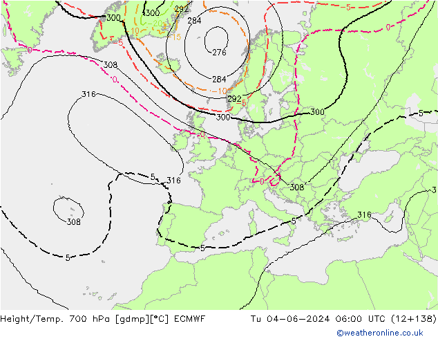 Height/Temp. 700 hPa ECMWF Út 04.06.2024 06 UTC