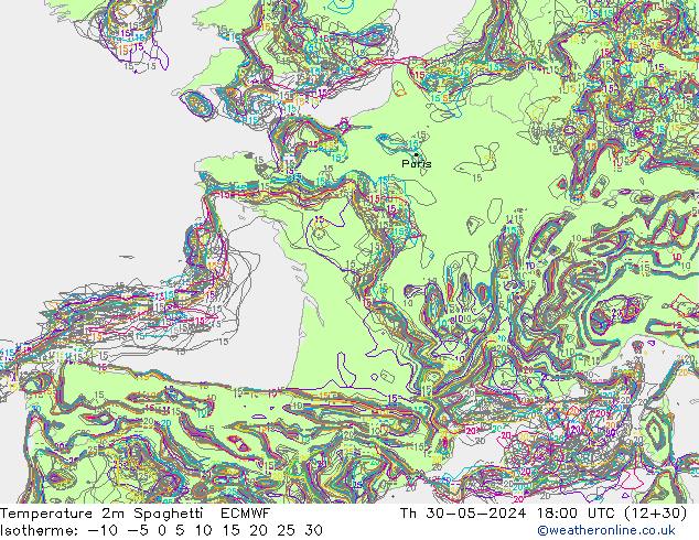 Temperature 2m Spaghetti ECMWF Th 30.05.2024 18 UTC