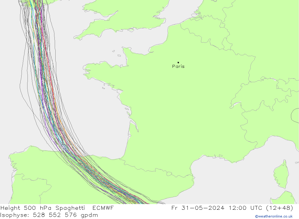 Geop. 500 hPa Spaghetti ECMWF vie 31.05.2024 12 UTC