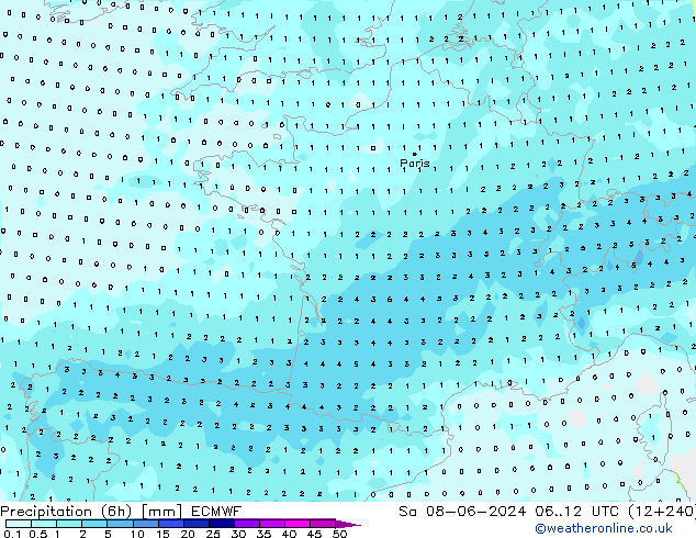 Precipitation (6h) ECMWF So 08.06.2024 12 UTC