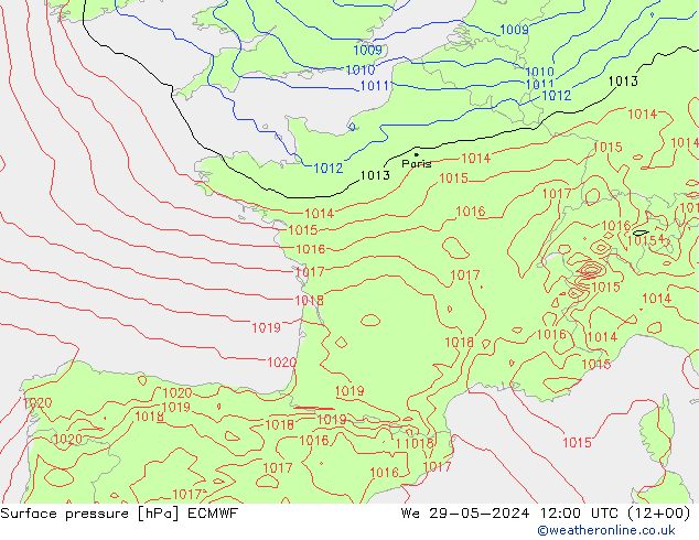 Presión superficial ECMWF mié 29.05.2024 12 UTC