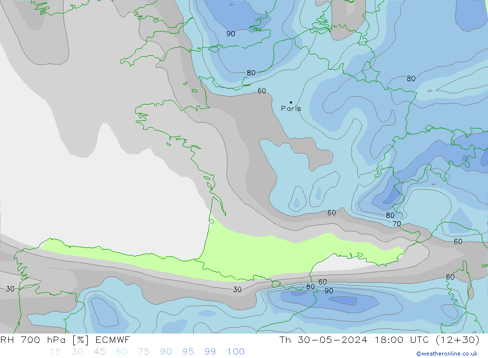 700 hPa Nispi Nem ECMWF Per 30.05.2024 18 UTC