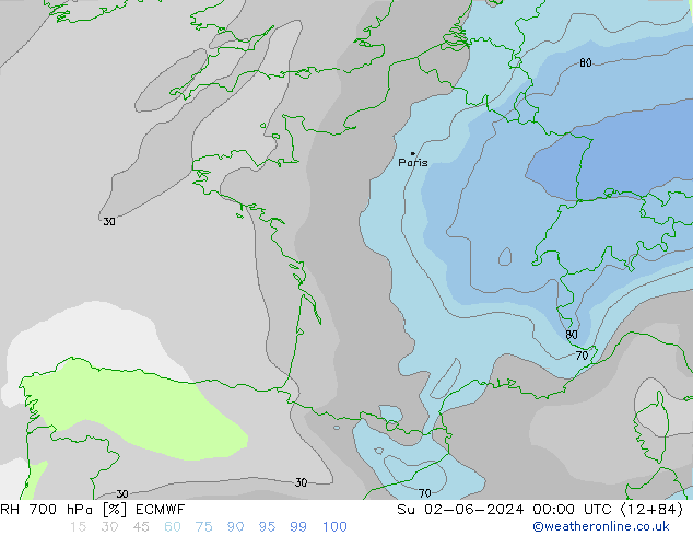Humidité rel. 700 hPa ECMWF dim 02.06.2024 00 UTC