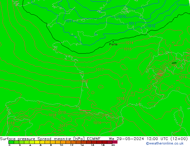 Presión superficial Spread ECMWF mié 29.05.2024 12 UTC