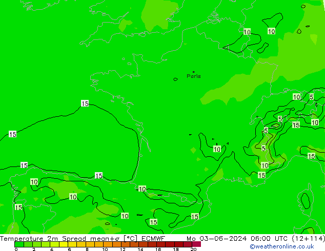 Temperature 2m Spread ECMWF Mo 03.06.2024 06 UTC