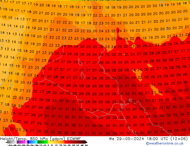 Height/Temp. 850 hPa ECMWF St 29.05.2024 18 UTC