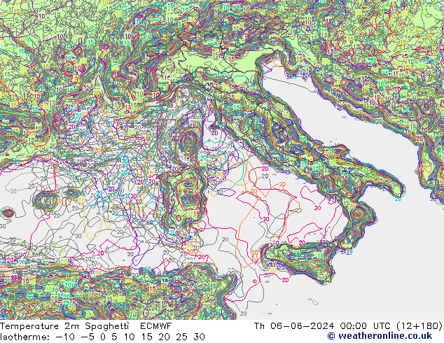 Temperature 2m Spaghetti ECMWF Th 06.06.2024 00 UTC