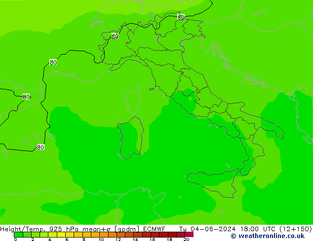 Height/Temp. 925 hPa ECMWF Tu 04.06.2024 18 UTC