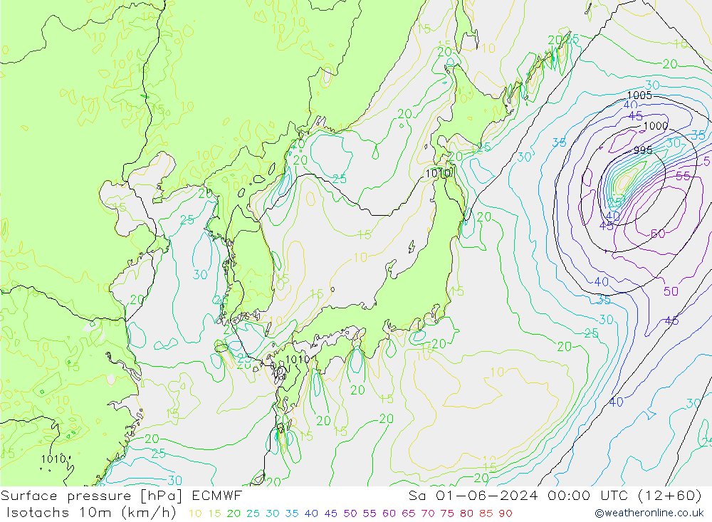 Isotachs (kph) ECMWF сб 01.06.2024 00 UTC