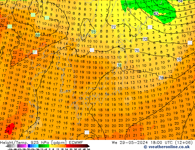 Height/Temp. 925 hPa ECMWF St 29.05.2024 18 UTC