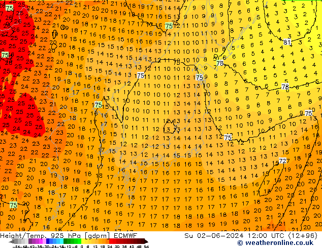 Height/Temp. 925 hPa ECMWF Ne 02.06.2024 12 UTC