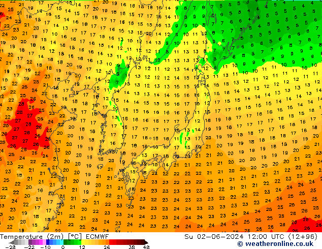 Temperature (2m) ECMWF Ne 02.06.2024 12 UTC