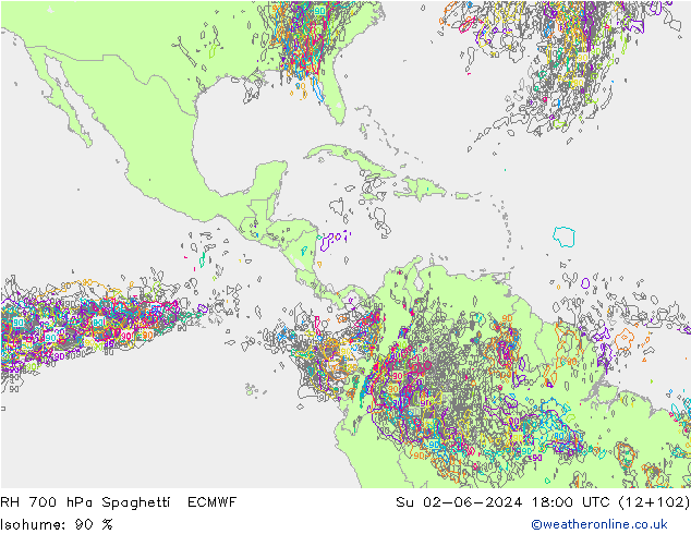 RH 700 hPa Spaghetti ECMWF nie. 02.06.2024 18 UTC