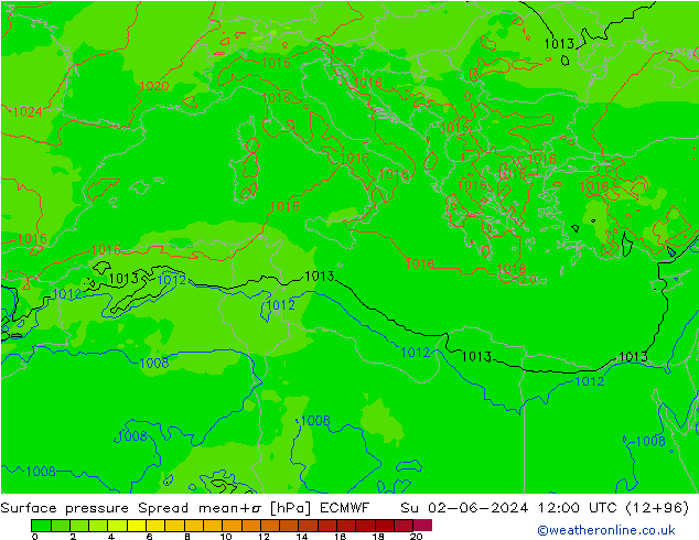 Surface pressure Spread ECMWF Su 02.06.2024 12 UTC
