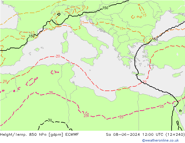 Géop./Temp. 850 hPa ECMWF sam 08.06.2024 12 UTC