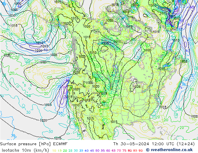 Isotachs (kph) ECMWF gio 30.05.2024 12 UTC