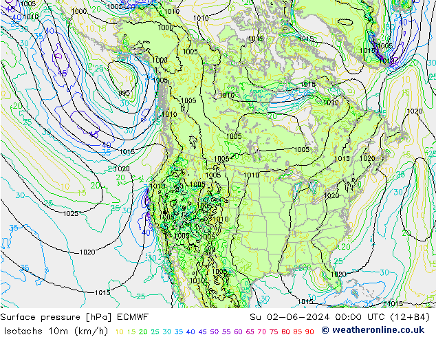 Isotachen (km/h) ECMWF So 02.06.2024 00 UTC