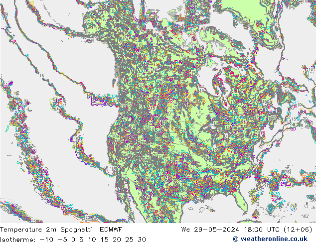 Temperatura 2m Spaghetti ECMWF Qua 29.05.2024 18 UTC