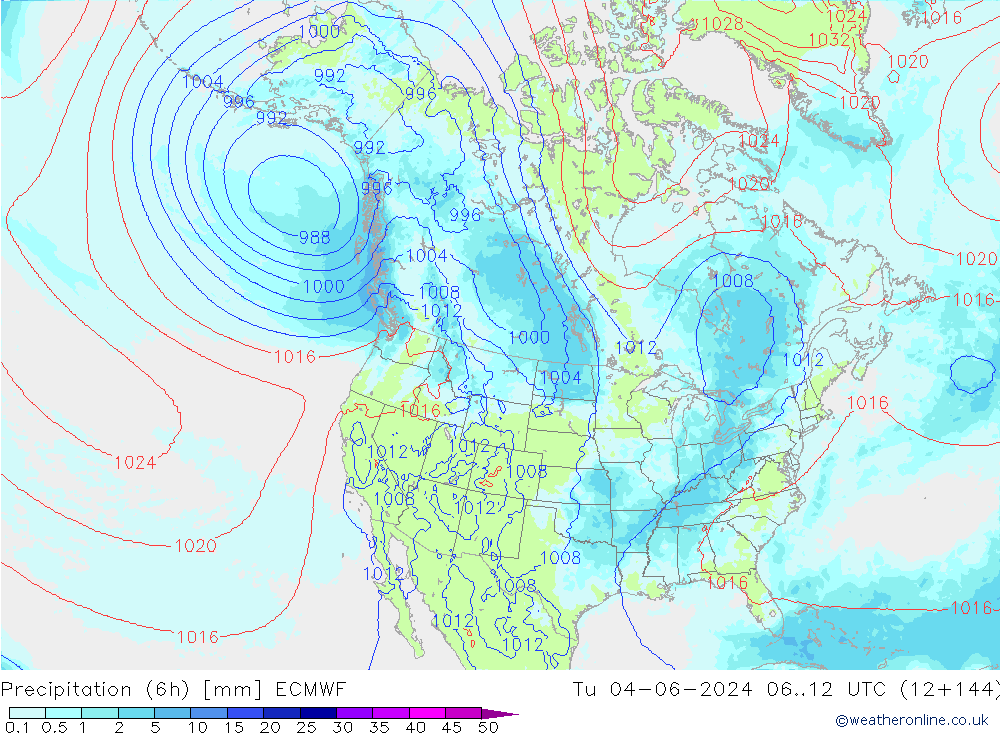 Totale neerslag (6h) ECMWF di 04.06.2024 12 UTC