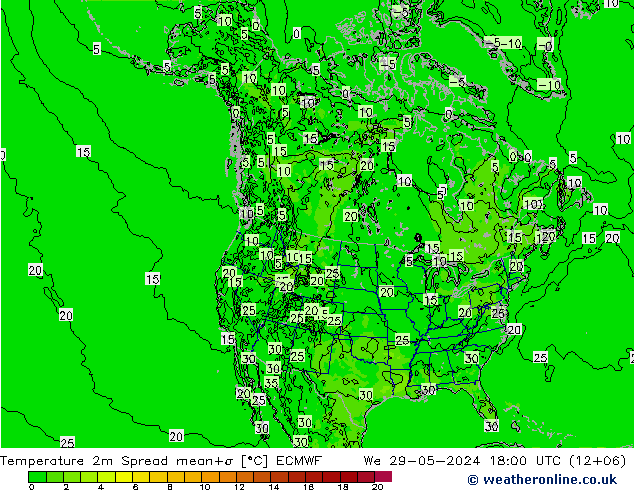 Temperature 2m Spread ECMWF We 29.05.2024 18 UTC