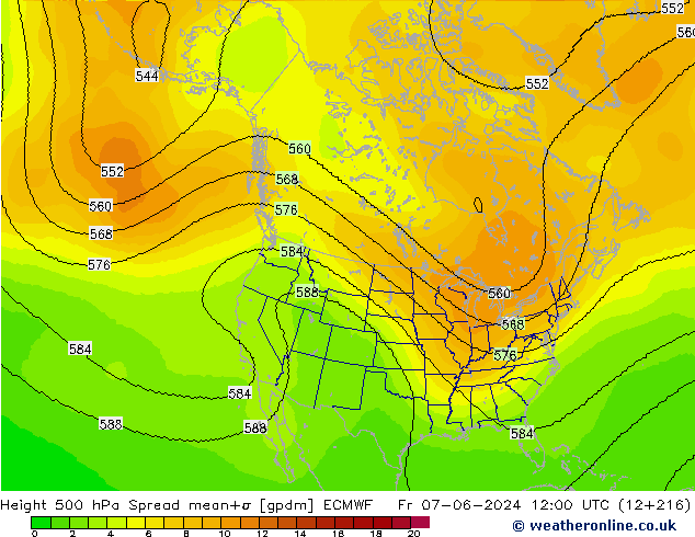 500 hPa Yüksekliği Spread ECMWF Cu 07.06.2024 12 UTC