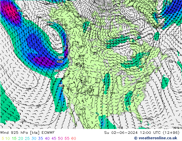 Vento 925 hPa ECMWF dom 02.06.2024 12 UTC