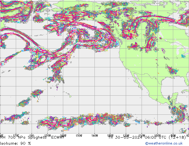 RH 700 hPa Spaghetti ECMWF Th 30.05.2024 06 UTC