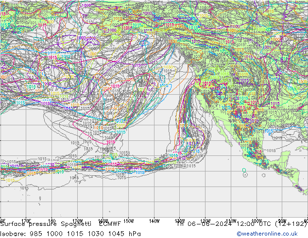 Surface pressure Spaghetti ECMWF Th 06.06.2024 12 UTC