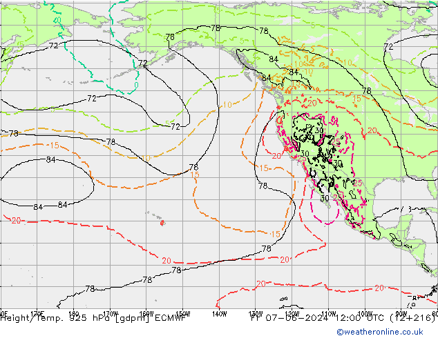 Geop./Temp. 925 hPa ECMWF vie 07.06.2024 12 UTC