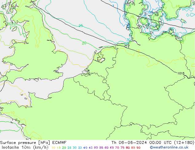 Isotachs (kph) ECMWF  06.06.2024 00 UTC