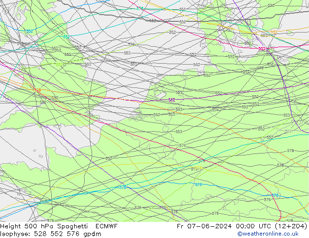 Hoogte 500 hPa Spaghetti ECMWF vr 07.06.2024 00 UTC