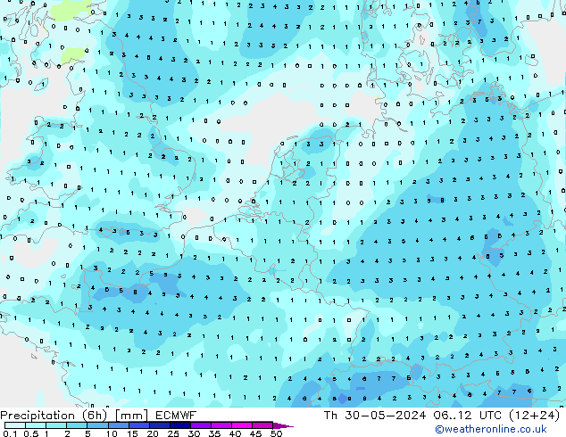 Precipitation (6h) ECMWF Th 30.05.2024 12 UTC