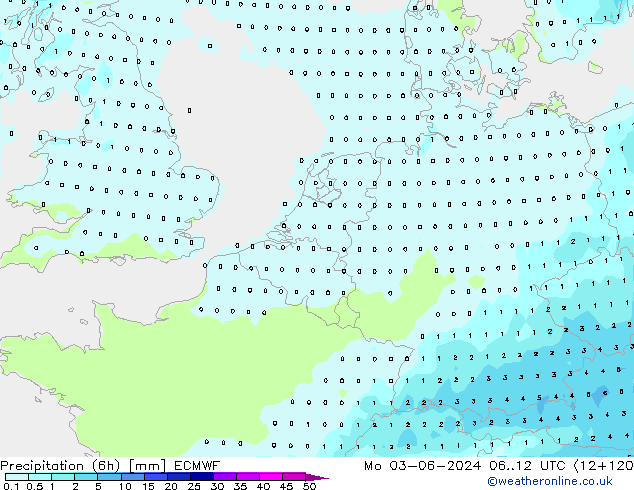 Precipitation (6h) ECMWF Po 03.06.2024 12 UTC