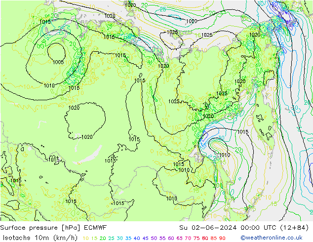 Isotachs (kph) ECMWF Su 02.06.2024 00 UTC