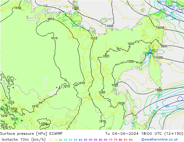 Eşrüzgar Hızları (km/sa) ECMWF Sa 04.06.2024 18 UTC