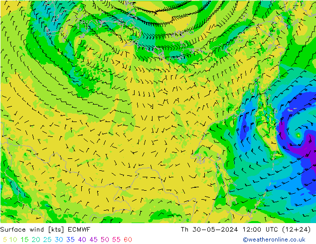 Surface wind ECMWF Čt 30.05.2024 12 UTC