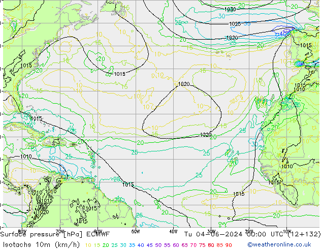 Isotachs (kph) ECMWF Tu 04.06.2024 00 UTC