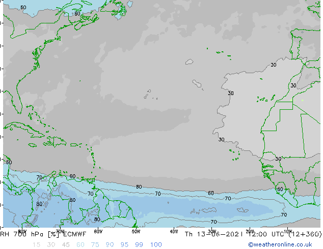 Humidité rel. 700 hPa ECMWF jeu 13.06.2024 12 UTC