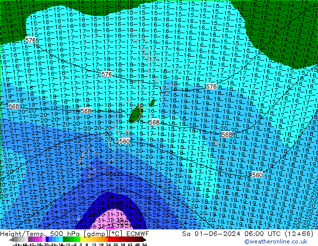 Hoogte/Temp. 500 hPa ECMWF za 01.06.2024 06 UTC