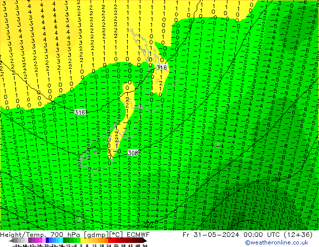 Geop./Temp. 700 hPa ECMWF vie 31.05.2024 00 UTC