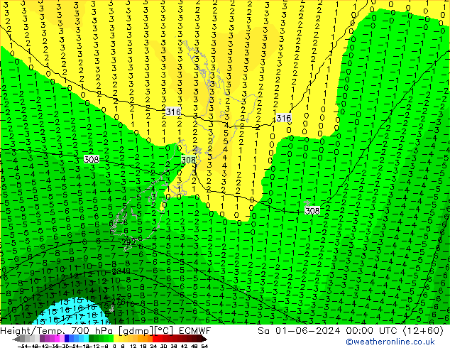 Yükseklik/Sıc. 700 hPa ECMWF Cts 01.06.2024 00 UTC