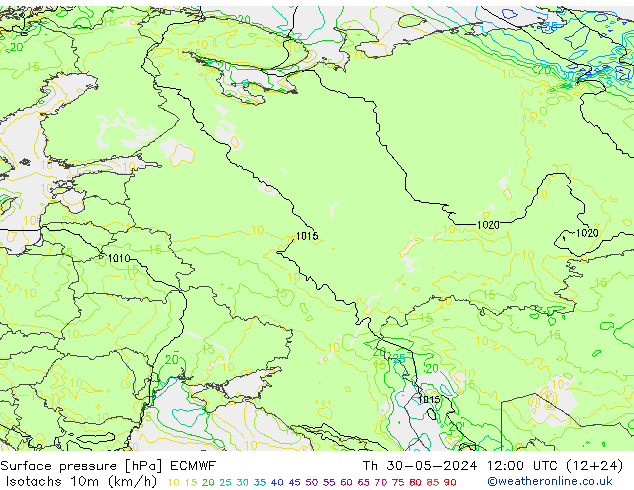 Isotachs (kph) ECMWF Th 30.05.2024 12 UTC