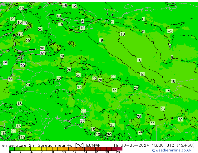 Temperature 2m Spread ECMWF Th 30.05.2024 18 UTC